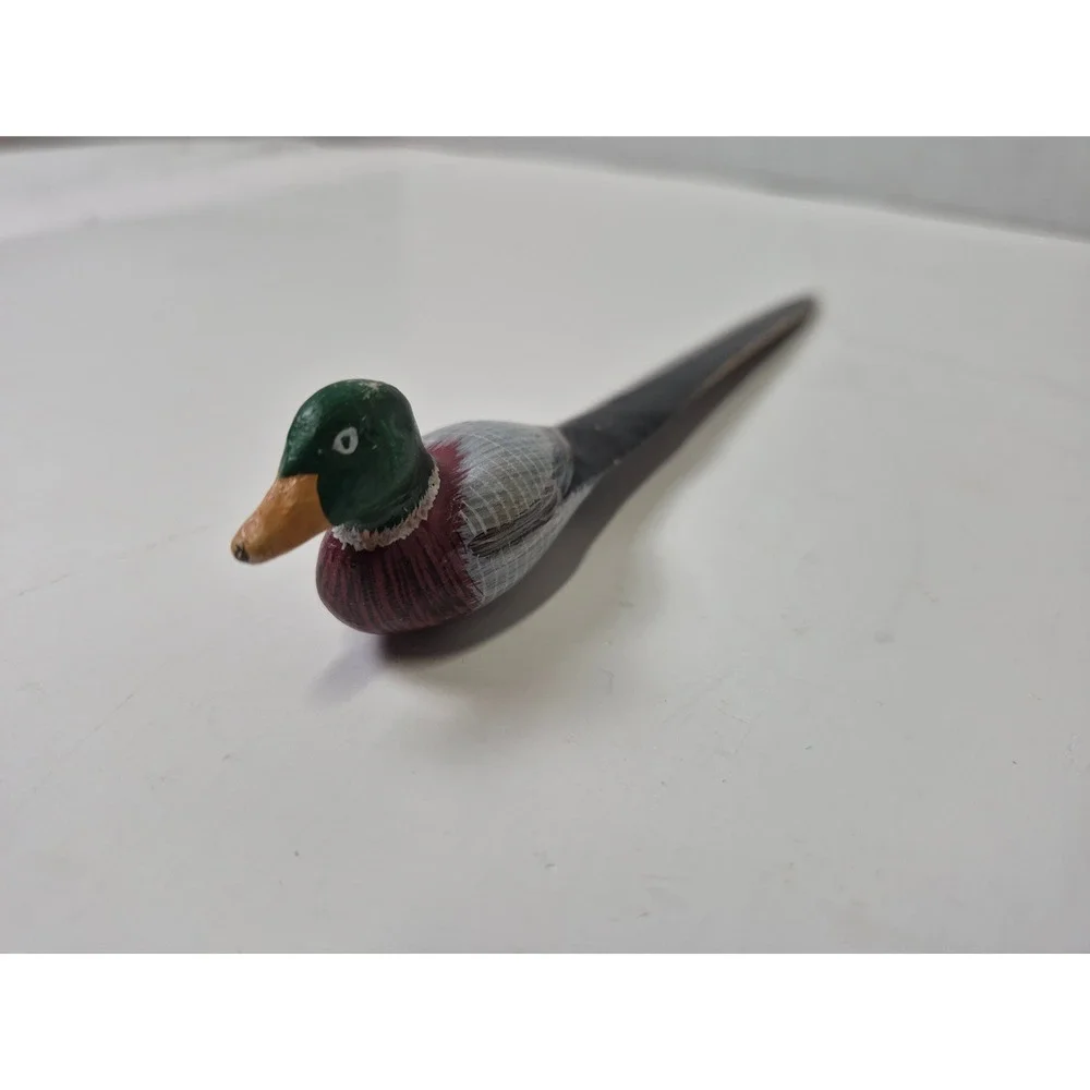 Vintage Hand Painted Wooden Mallard Duck Letter Opener Rustic Desk Accessory 7.5